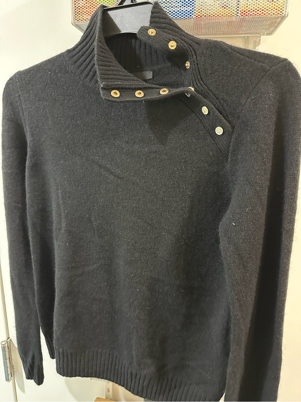 Maje Black Crewneck Sweater with Gold Button Placket